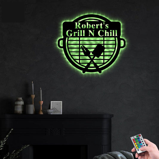 12"x12" BBQ Grilling N Chilling Personalized - Led Light Metal - Owls Matrix LTD