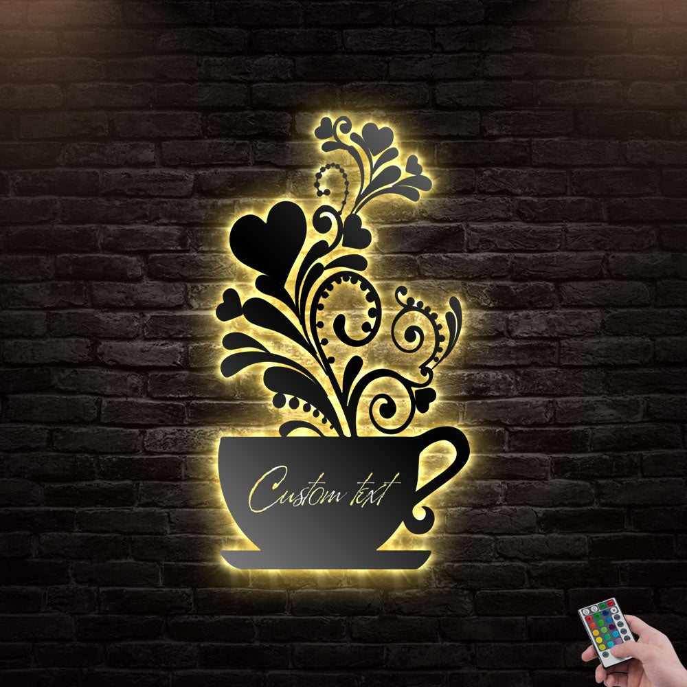 12"x12" Coffee Cup Bar Caffeine Lover Led Lights Metal Wall Art Personalized - Led Light Metal - Owls Matrix LTD