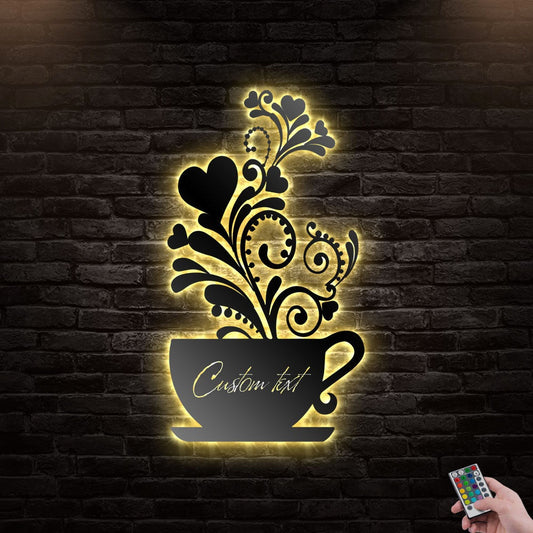 12"x12" Coffee Cup Bar Caffeine Lover Led Lights Metal Wall Art Personalized - Led Light Metal - Owls Matrix LTD