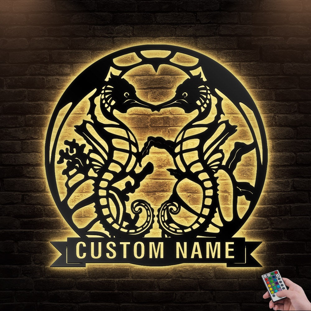 12"x12" Seahorse Couple Seahorse Kiss Personalized - Led Light Metal - Owls Matrix LTD