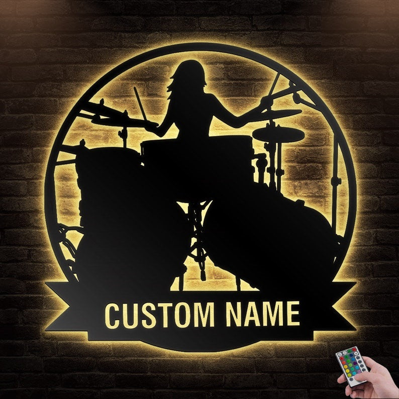 12"x12" Drum Drummer Female Personalized - Led Light Metal - Owls Matrix LTD
