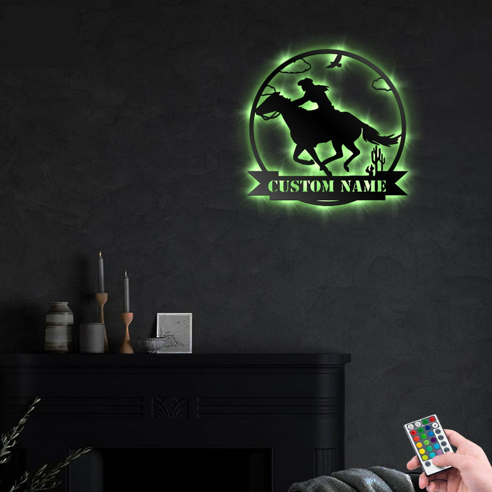 Cowgirl Riding Horse Personalized - Led Light Metal - Owls Matrix LTD