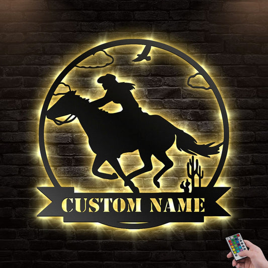 12"x12" Cowgirl Riding Horse Personalized - Led Light Metal - Owls Matrix LTD