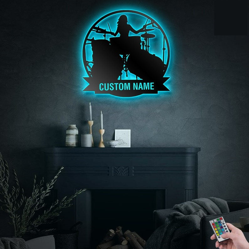 Drum Drummer Female Personalized - Led Light Metal - Owls Matrix LTD