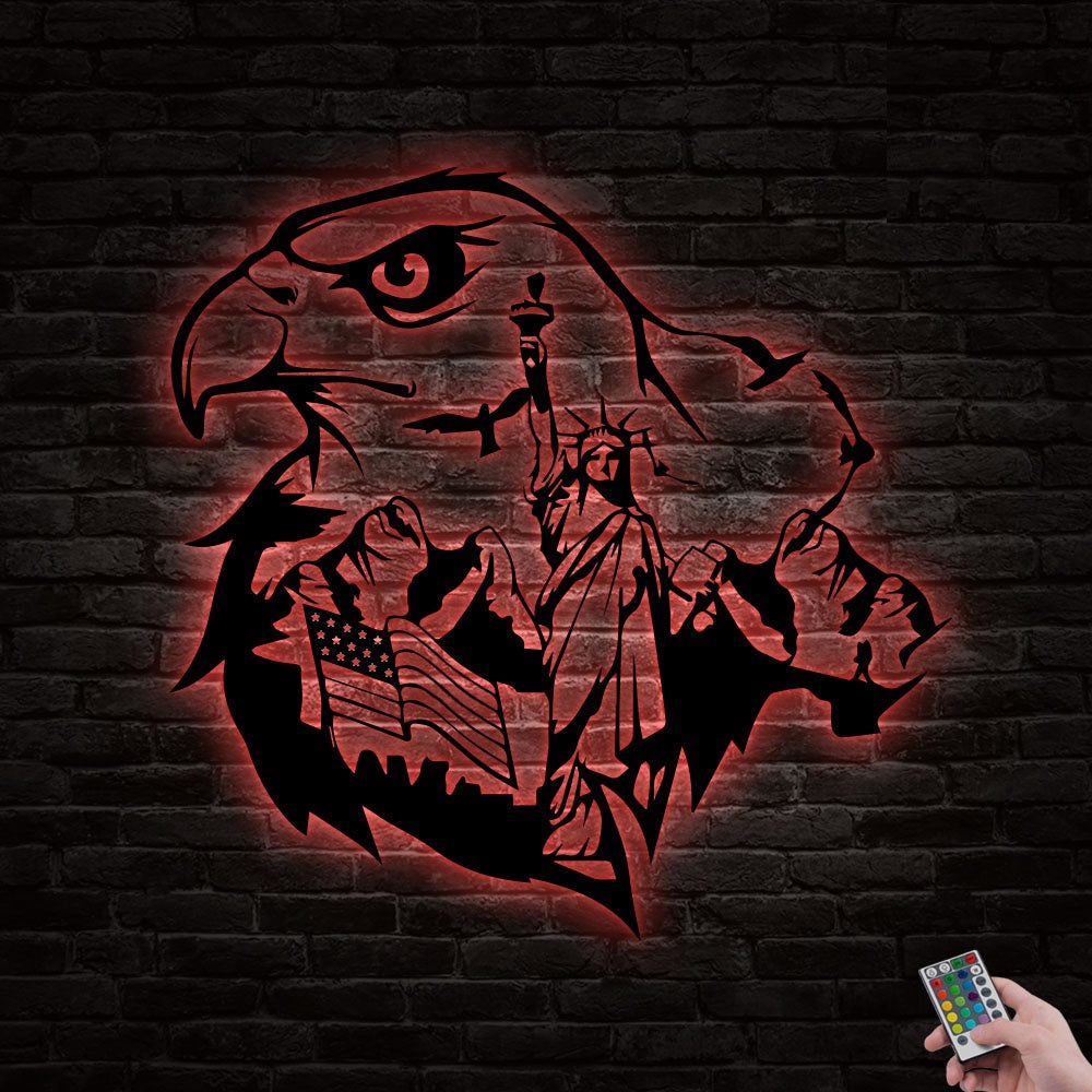 12"x12" Eagle Statue Liberty American Flag 4th of July - Led Light Metal - Owls Matrix LTD