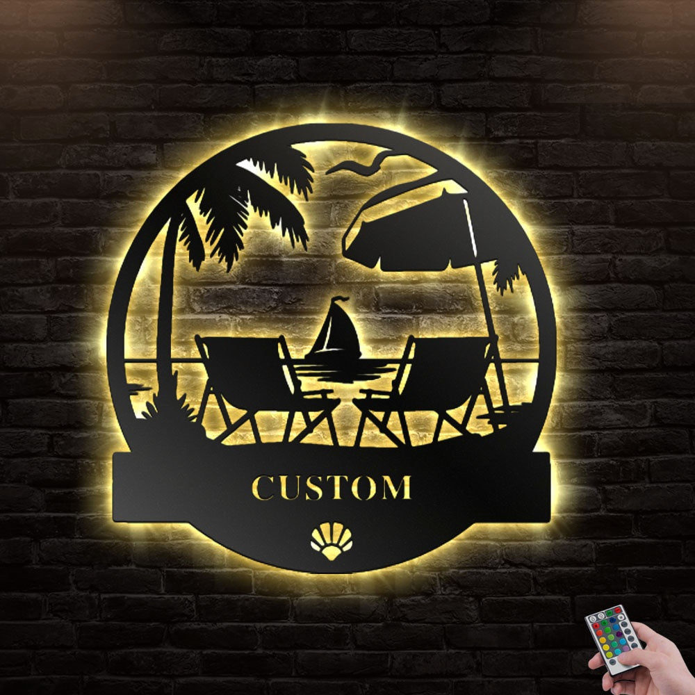 12"x12" Family Beach House Personalized - Led Light Metal - Owls Matrix LTD