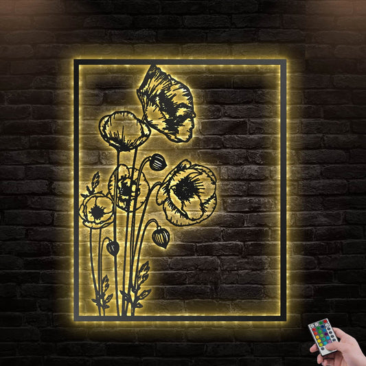 12"x12" Poppy Flowers Housewarming Gift - Led Light Metal - Owls Matrix LTD