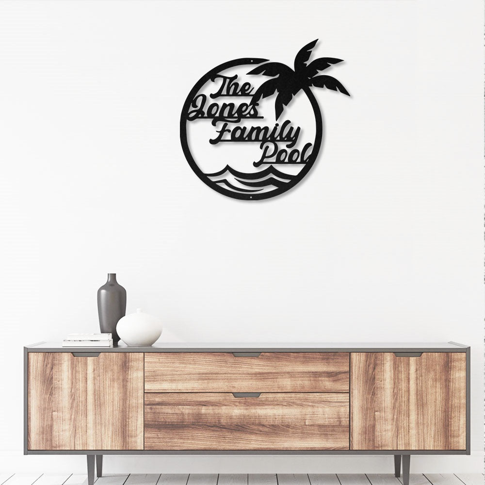 Family Pool Palm Tree Personalized - Led Light Metal - Owls Matrix LTD