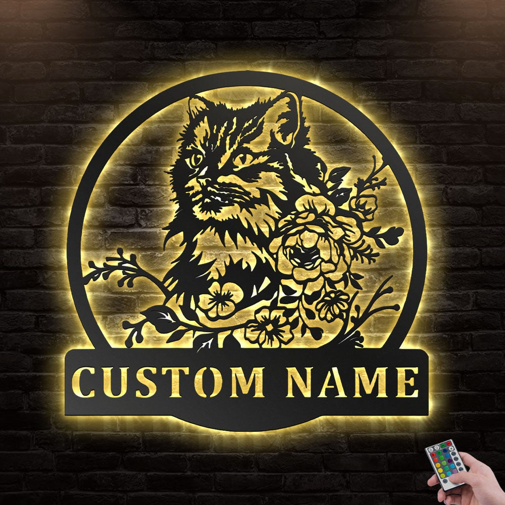 12"x12" Floral Cat Personalized - Led Light Metal - Owls Matrix LTD