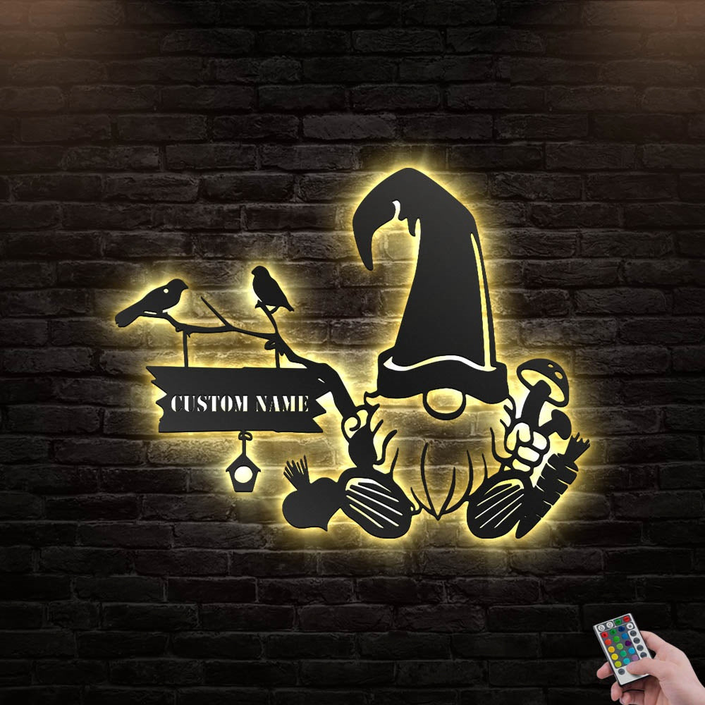 12"x12" Gnome Garden With Birds Personalized - Led Light Metal - Owls Matrix LTD