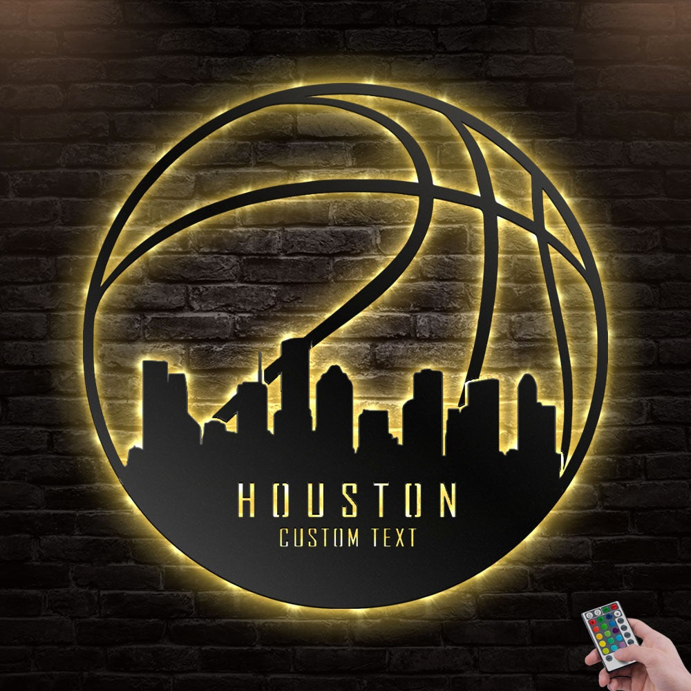 12"x12" Basketball Houston Personalized - Led Light Metal - Owls Matrix LTD