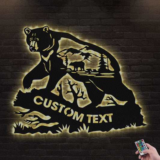 12"x12" Bear Mama On Tree Personalized - Led Light Metal - Owls Matrix LTD