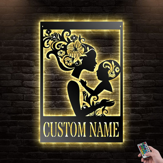 12"x12" Family Mother and Child Floral Personalized - Led Light Metal - Owls Matrix LTD
