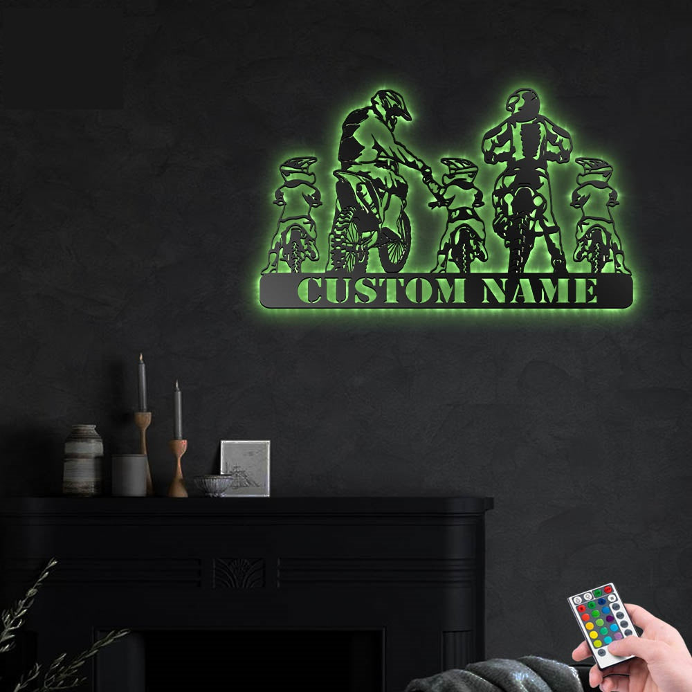 Motocross Dirt Bike And Biker Family Personalized - Led Light Metal - Owls Matrix LTD
