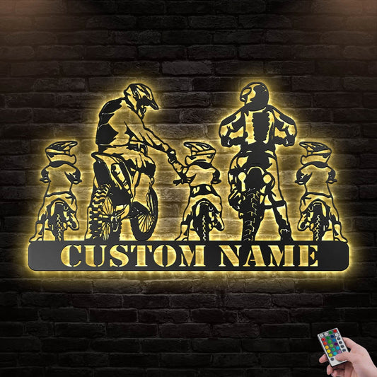12*12 Inch (30*30cm) Motocross Dirt Bike And Biker Family Personalized - Led Light Metal - Owls Matrix LTD