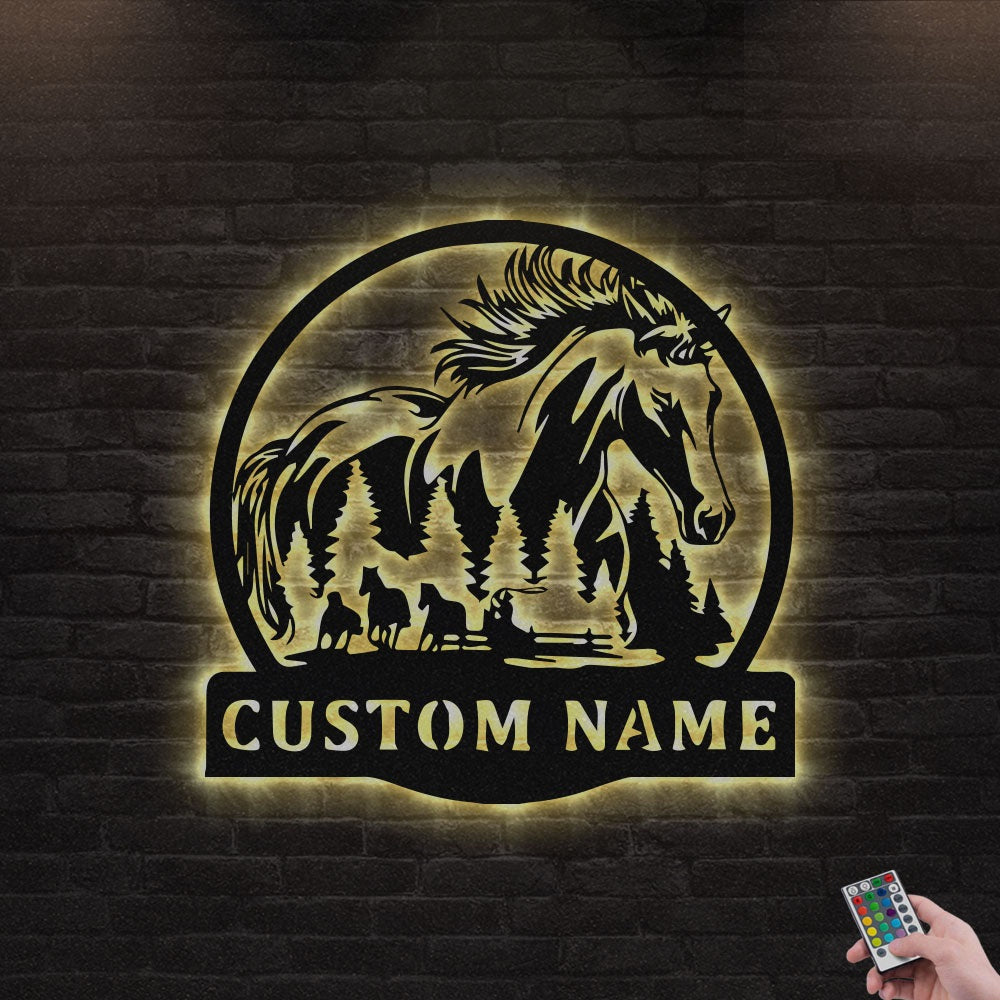12"x12" Horse Family Horse Ranch Personalized - Led Light Metal - Owls Matrix LTD