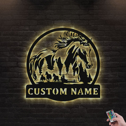 12"x12" Horse Family Horse Ranch Personalized - Led Light Metal - Owls Matrix LTD