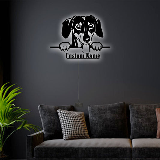 12"x12" Dachshund Peeking Personalized - Led Light Metal - Owls Matrix LTD