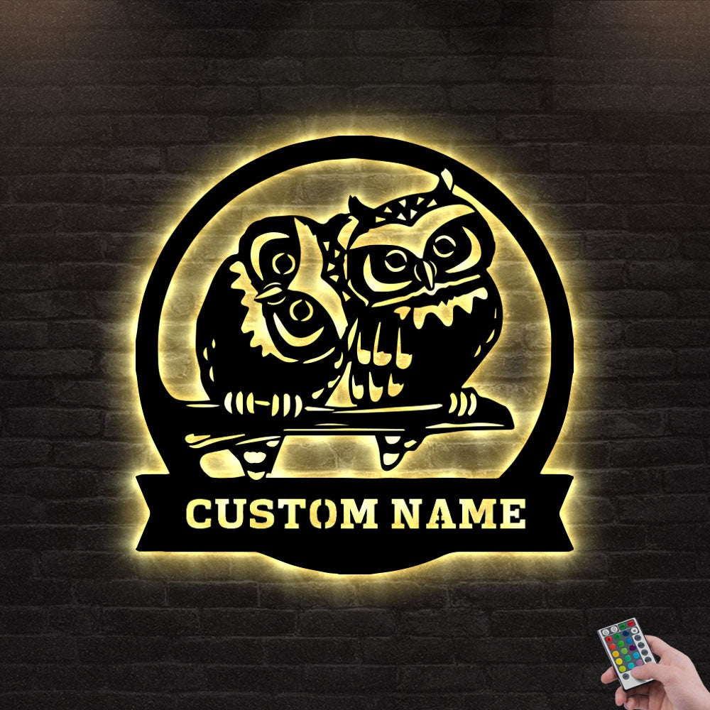 12"x12" Cute Owl Couple Personalized - Led Light Metal - Owls Matrix LTD