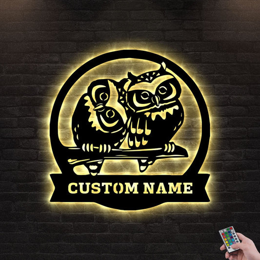 12"x12" Cute Owl Couple Personalized - Led Light Metal - Owls Matrix LTD