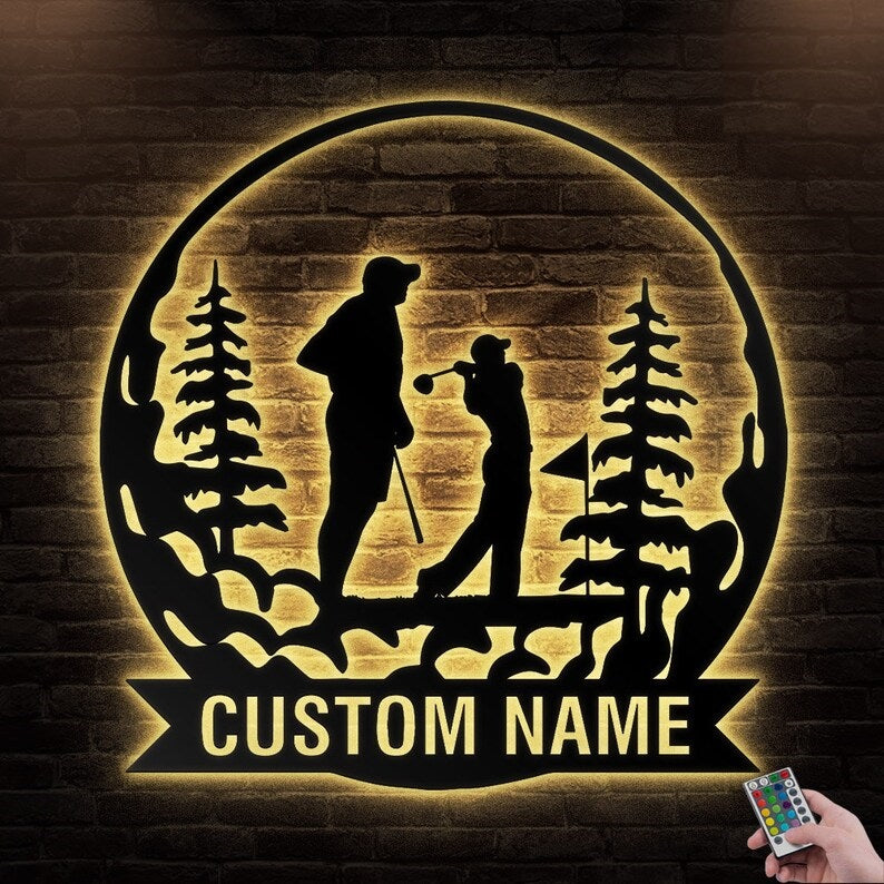 12"x12" Golf Husband And Wife Golfing Personalized - Led Light Metal - Owls Matrix LTD