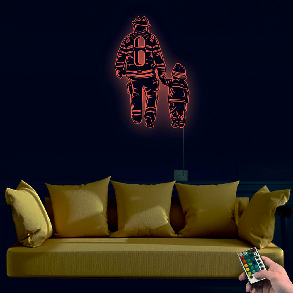 Firefighter Father And Son Walk - Led Light Metal - Owls Matrix LTD
