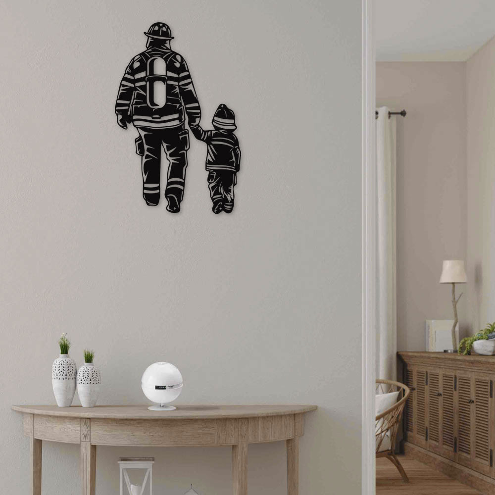 Firefighter Father And Son Walk - Led Light Metal - Owls Matrix LTD