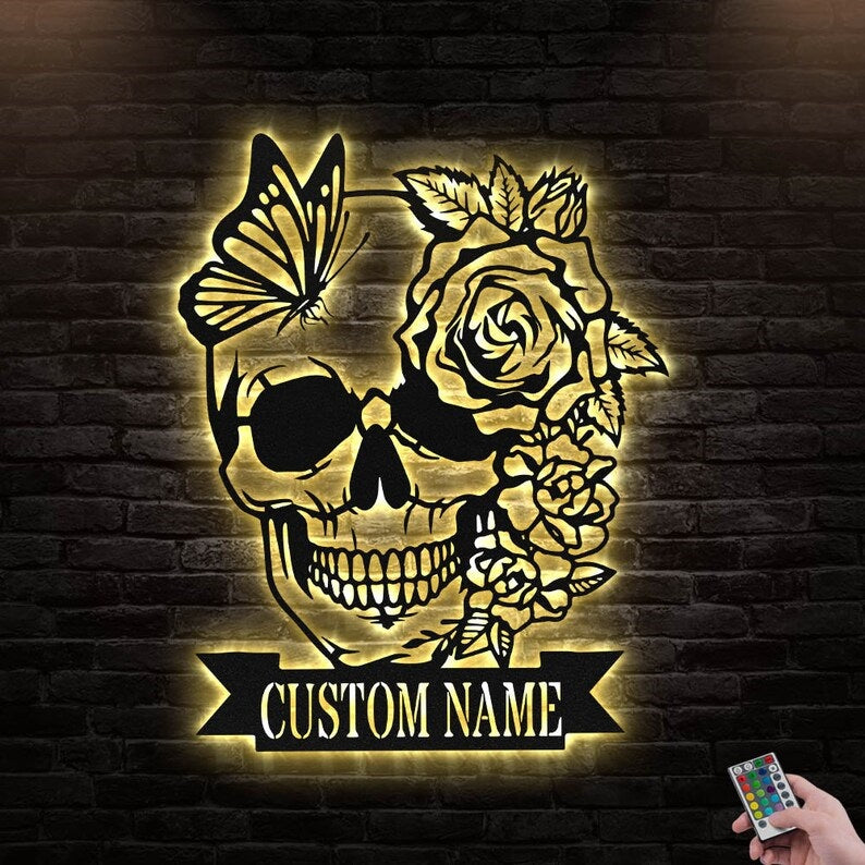 12"x12" Skull Flower Butterfly Personalized - Led Light Metal - Owls Matrix LTD