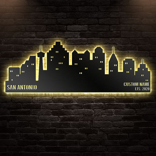 12*12 Inch (30*30cm) San Antonio Sign Decoration For Room Personalized - Led Light Metal - Owls Matrix LTD