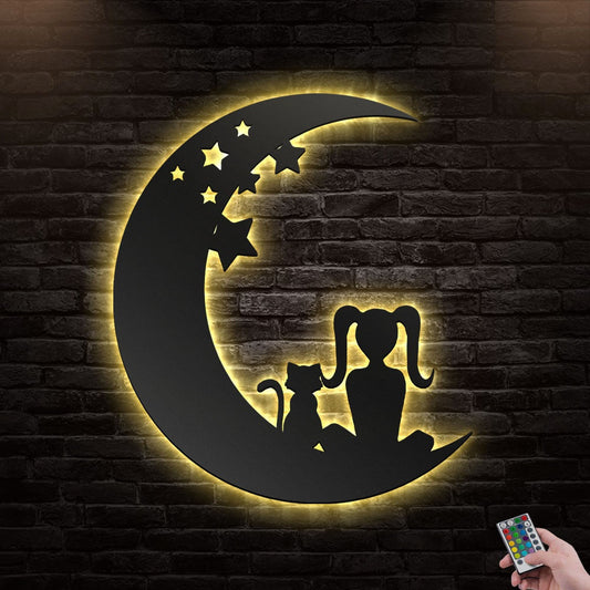 12"x12" Cat And Girl Moon - Led Light Metal - Owls Matrix LTD