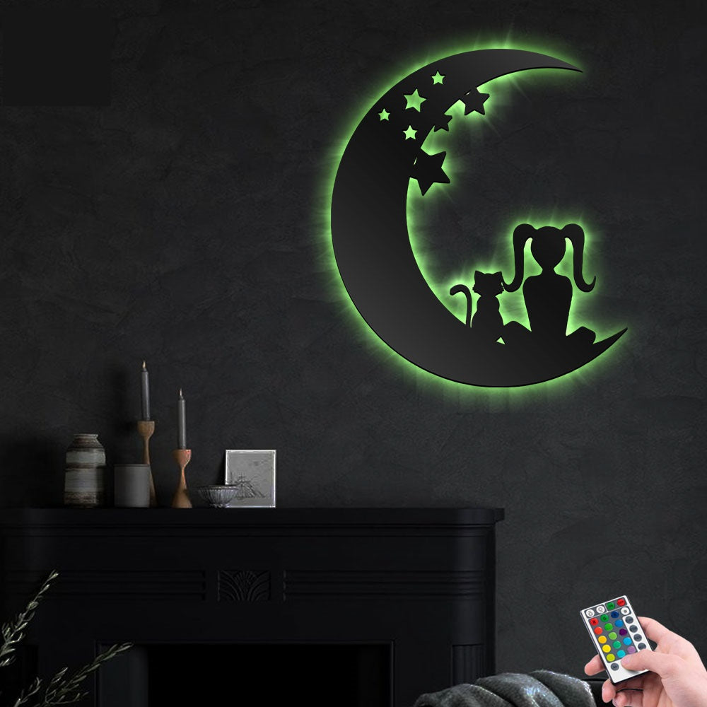 Cat And Girl Moon - Led Light Metal - Owls Matrix LTD