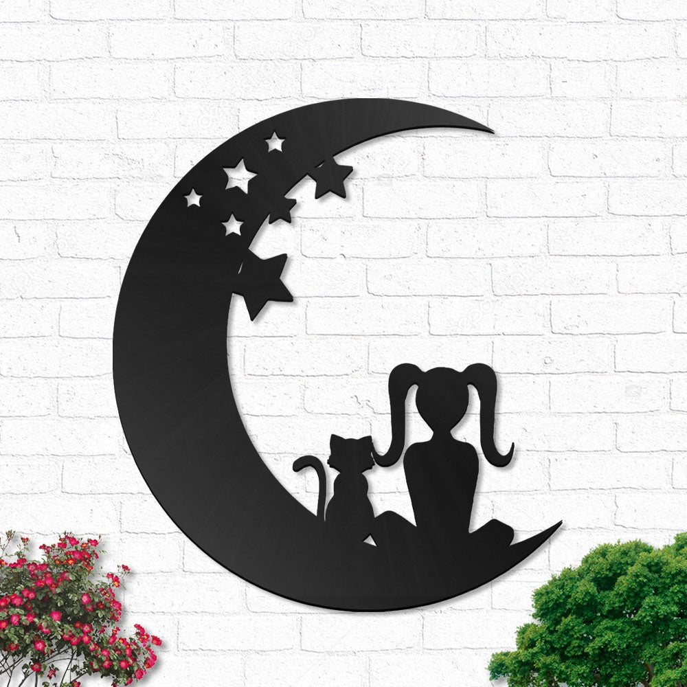 Cat And Girl Moon - Led Light Metal - Owls Matrix LTD