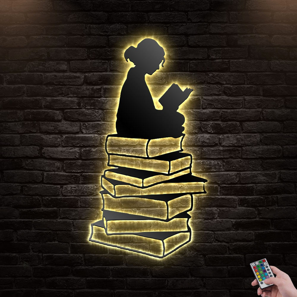 12"x12" Girl Reading Lover - Led Light Metal - Owls Matrix LTD