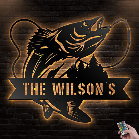 12*12 Inch (30*30cm) Fishing Walleye V2 Personalized - Led Light Metal - Owls Matrix LTD