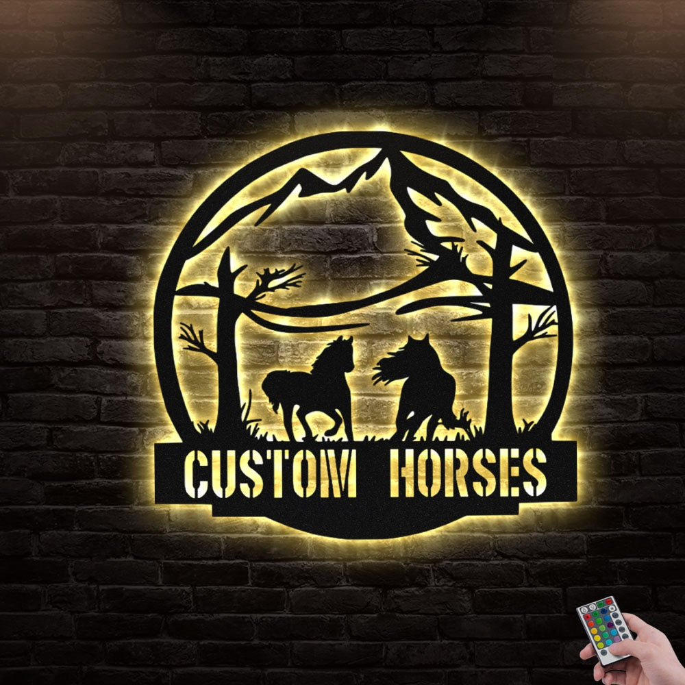 12*12 Inch (30*30cm) Horses Wild Farm Personalized - Led Light Metal - Owls Matrix LTD