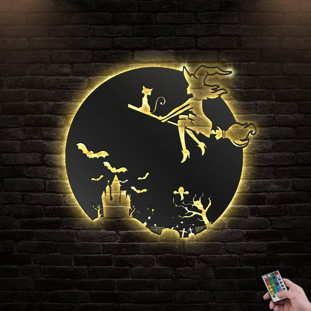 12"x12" Halloween Girl Witch - Led Light Metal - Owls Matrix LTD