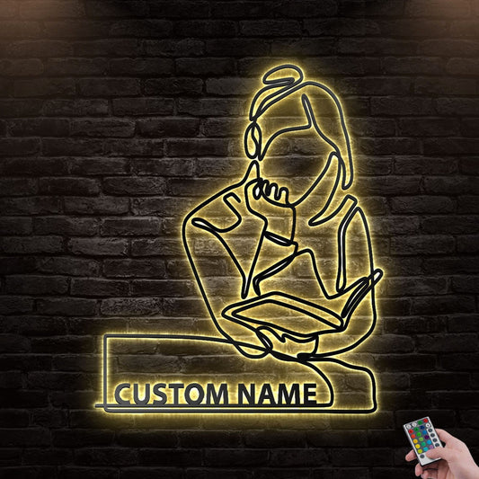 12"x12" Book Young Girl Reading A Book Personalized - Led Light Metal - Owls Matrix LTD