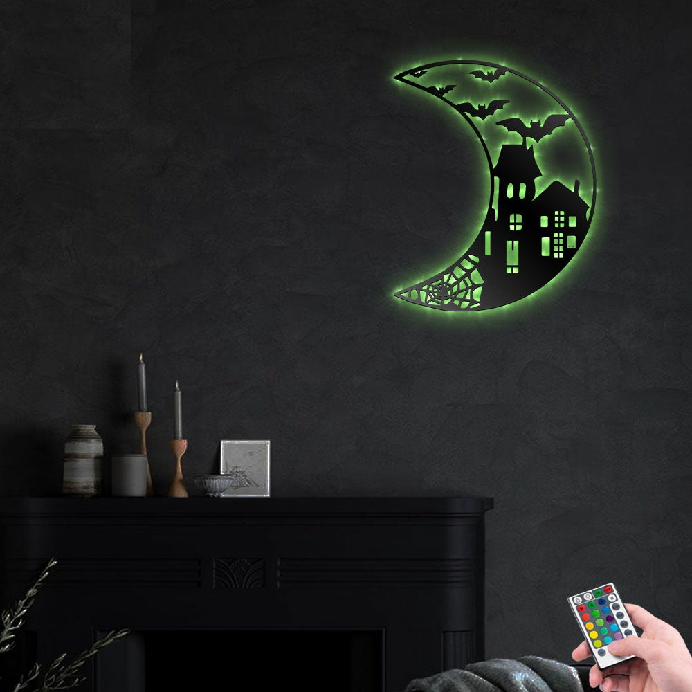 Halloween Haunted Moon Spiderweb Bats Scary Black Cat - Led Light Metal - Owls Matrix LTD