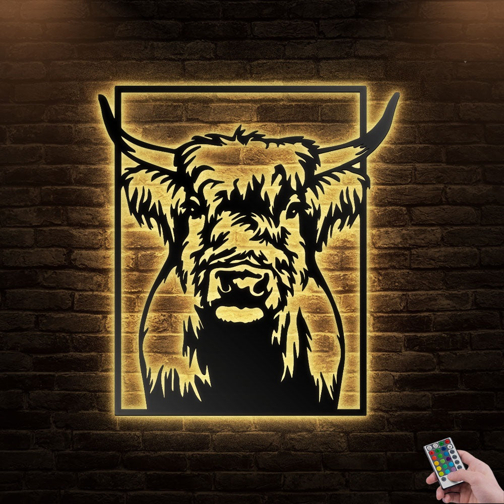 12"x12" Highland Cow Heifer Buffalo Scottish Cattle Livestock Farm - Led Light Metal - Owls Matrix LTD