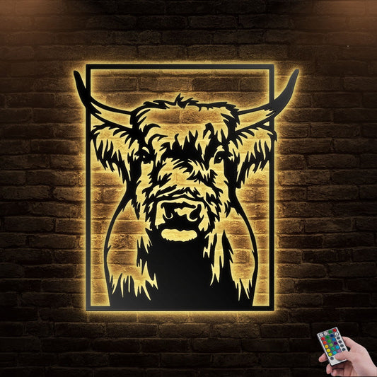 12"x12" Highland Cow Heifer Buffalo Scottish Cattle Livestock Farm - Led Light Metal - Owls Matrix LTD