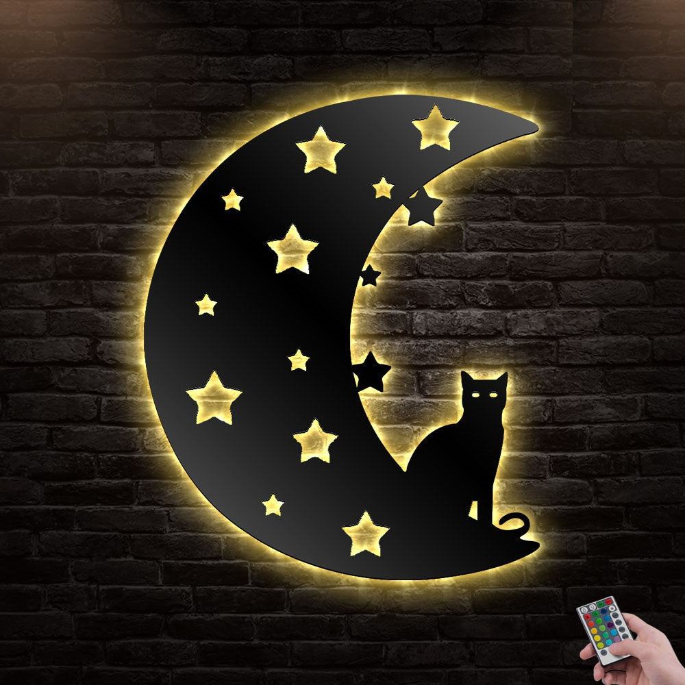 12"x12" Halloween Haunted Moon Cat - Led Light Metal - Owls Matrix LTD