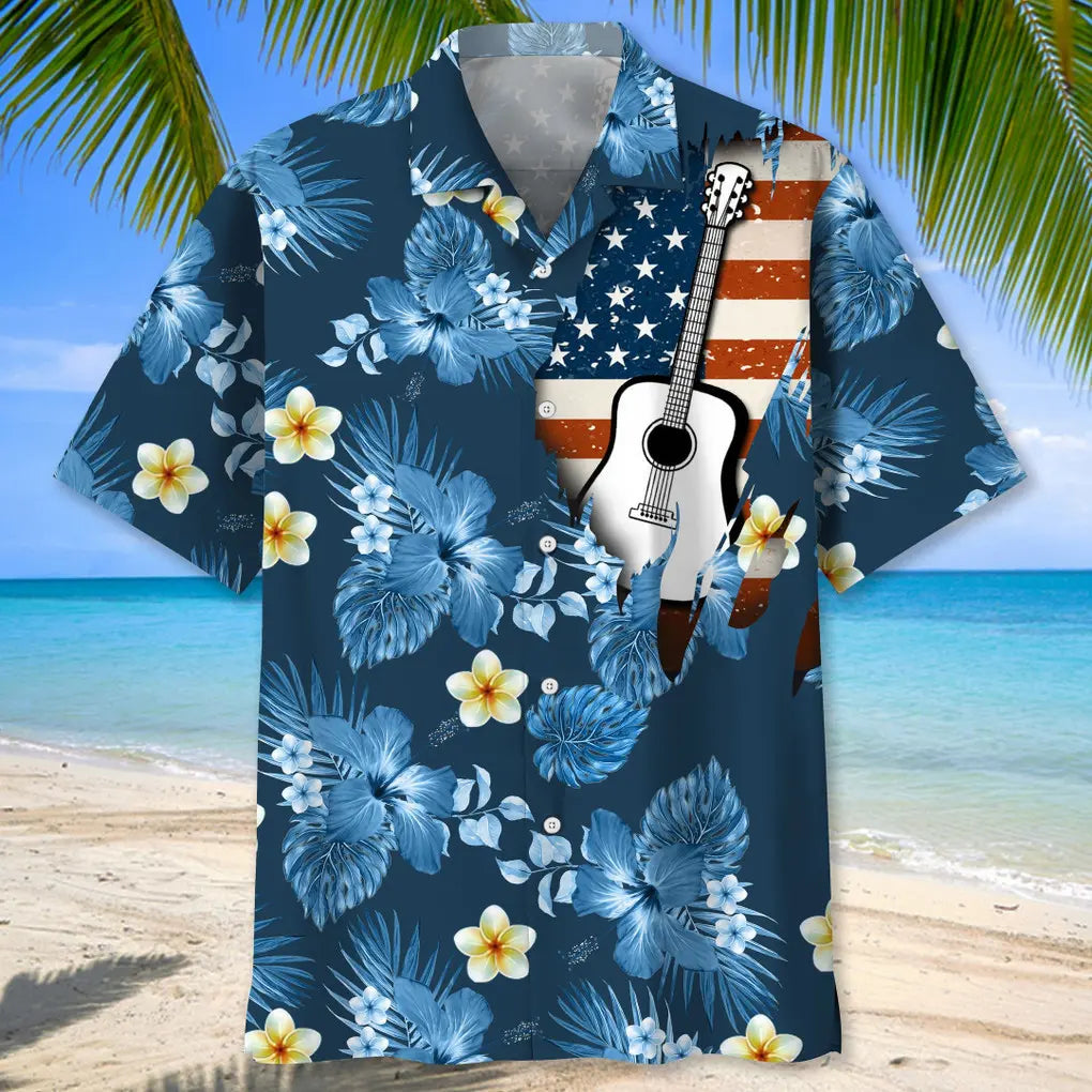 Guitar Usa Blue Tropical Hawaiian Shirt