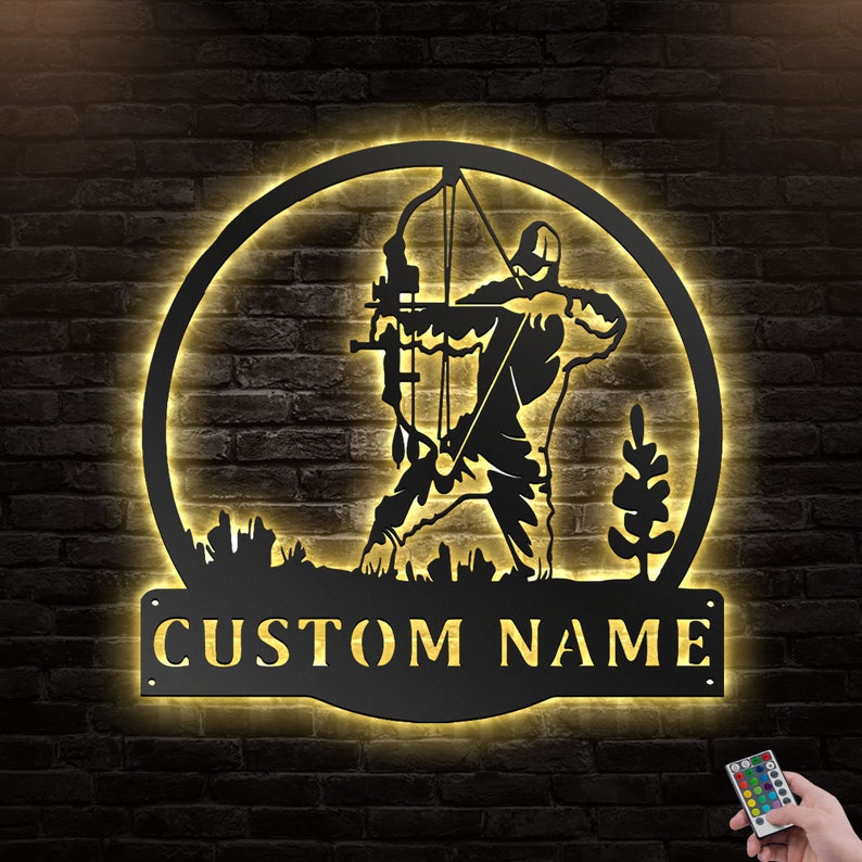 12"x12" Hunting Bow Personalized - Led Light Metal - Owls Matrix LTD