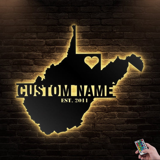 West Virginia Map Personalized - Led Light Metal - Owls Matrix LTD