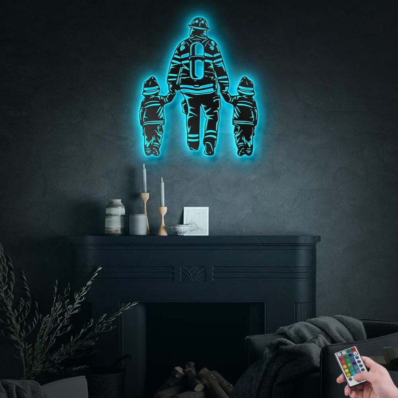 12"x12" Firefighter Father and Son - Led Light Metal - Owls Matrix LTD