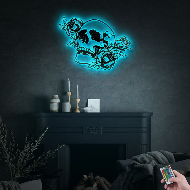 12"x12" Skull Flower Rose With Led Lights - Led Light Metal - Owls Matrix LTD