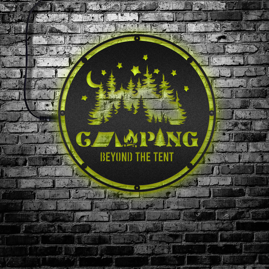 12"x12" Camping Sign Beyond The Tent - Led Light Metal - Owls Matrix LTD