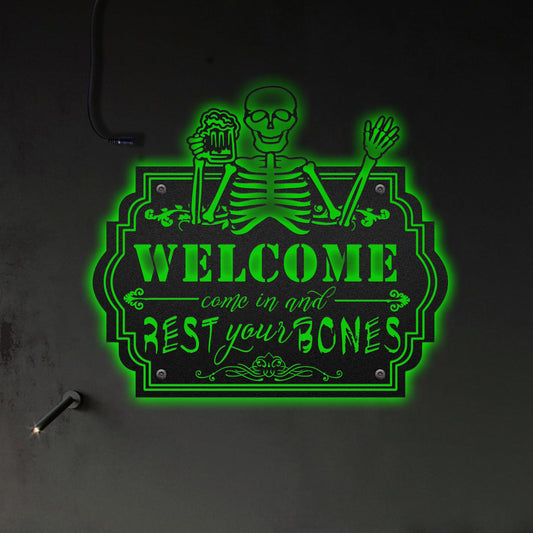 12"x12" Skeleton Come In And Rest Your Bones - Led Light Metal - Owls Matrix LTD