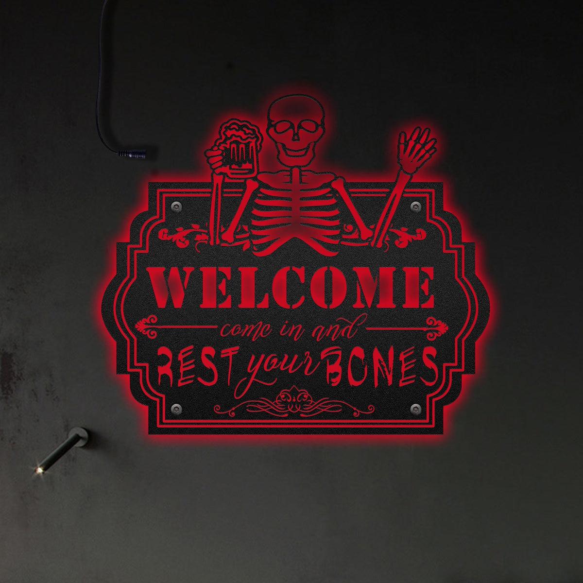 Skeleton Come In And Rest Your Bones - Led Light Metal - Owls Matrix LTD