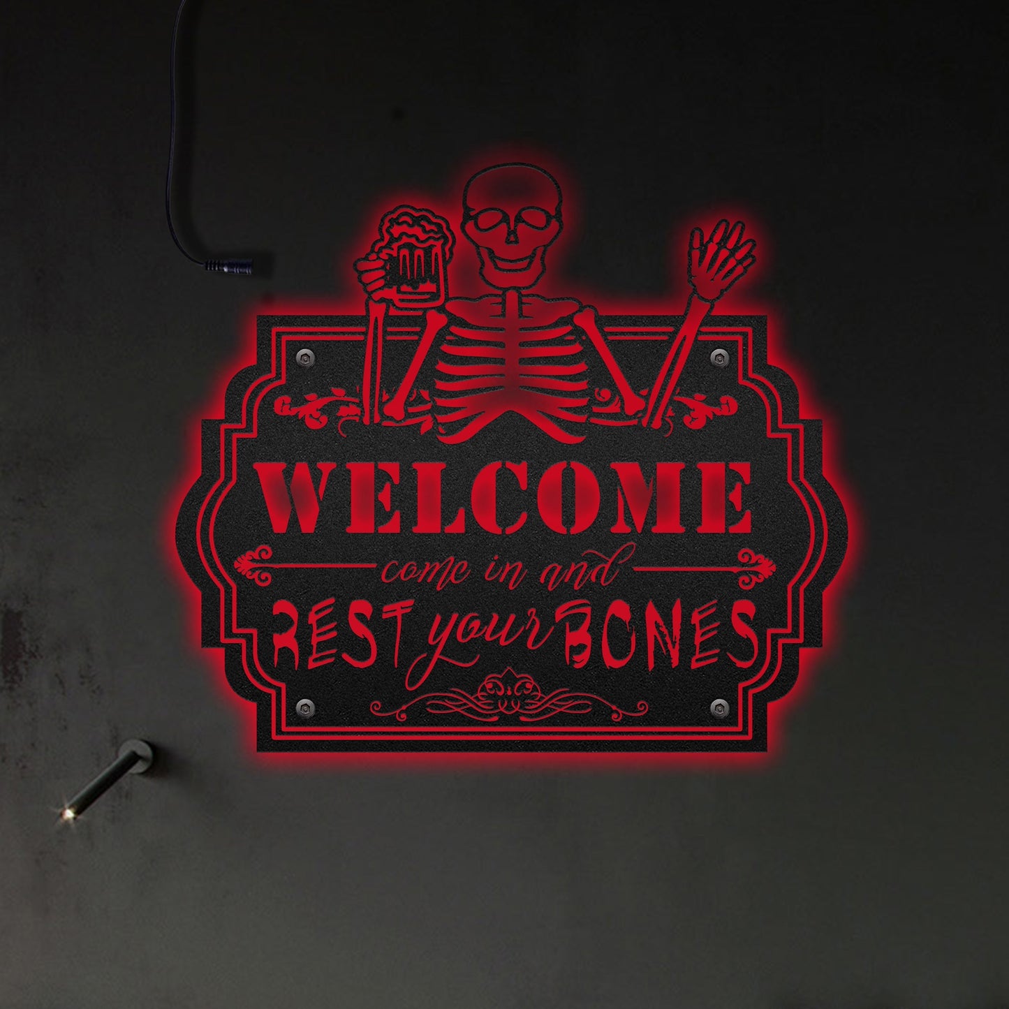 Skeleton Come In And Rest Your Bones - Led Light Metal - Owls Matrix LTD